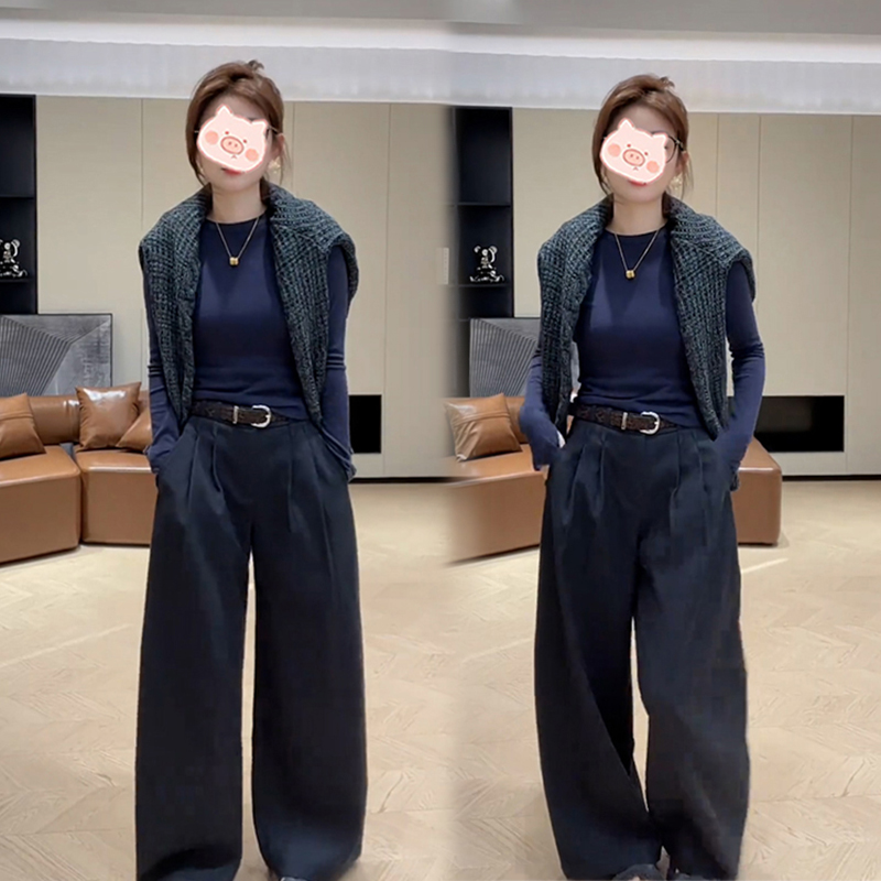 2025年秋季新款穿搭一整套时尚百搭设计纯色上衣长袖搭配直筒裤女