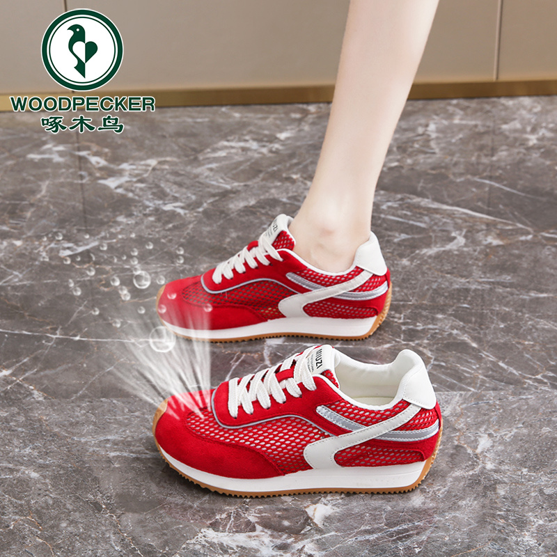 啄木鸟女鞋红色网面透气内增高网鞋夏季新款德训鞋休闲运动阿甘鞋