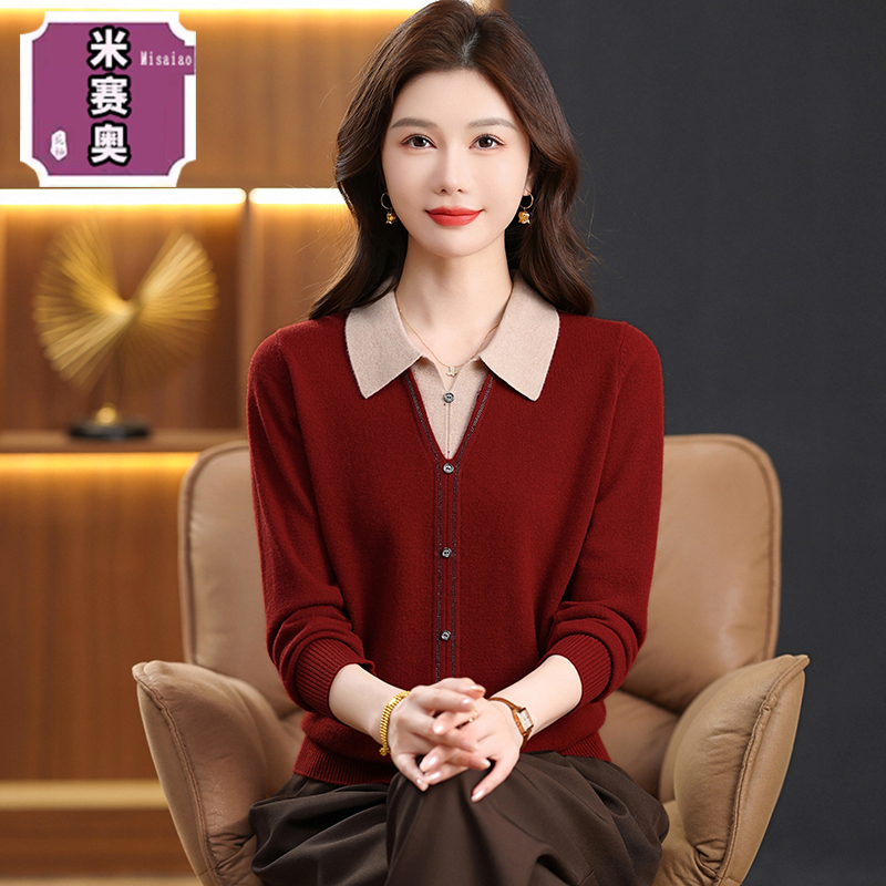 中老年女装100%纯羊毛打底衫2025新款妈妈装印花翻领长袖外套上衣