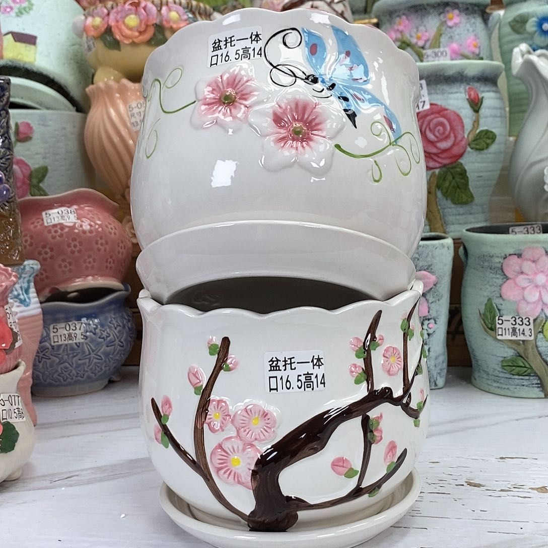 《直播间专享》陶瓷花盆蝴蝶和桃花大号各一个 口16.5CM 高14CM