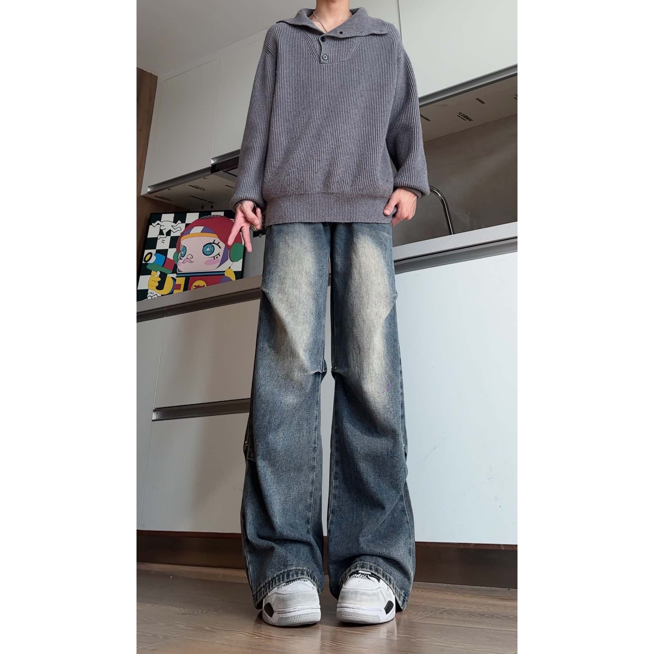 复古水洗褶皱牛仔裤男秋冬美式百搭宽松拖地裤高街设计感宽松长裤