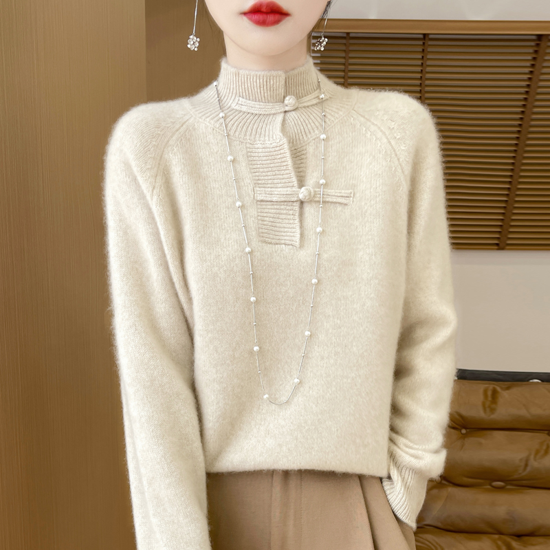 100%纯羊毛盘扣打底衫女2024新款内搭洋气大码女装秋冬季针织毛衣