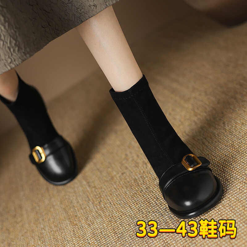 瘦瘦靴百搭小短靴女2025年秋冬平底单靴弹力袜靴大码41加绒圆头