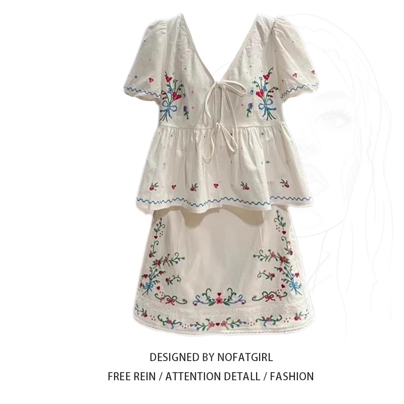 大码胖MM度假风V领刺绣系带短袖开襟衬衫女夏季新款高腰半身裙潮