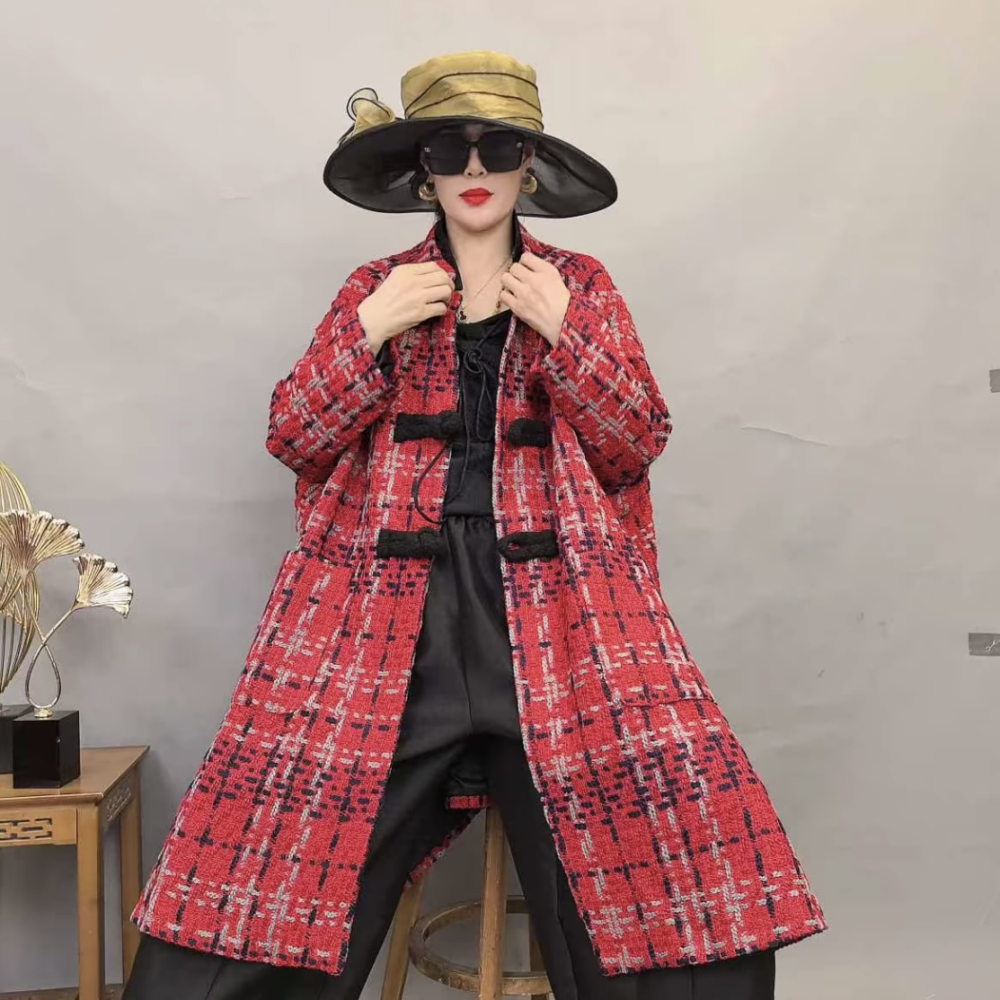 原创欧货秋冬阔太太高端复古毛呢格子风衣外套气质宽松长款大衣女