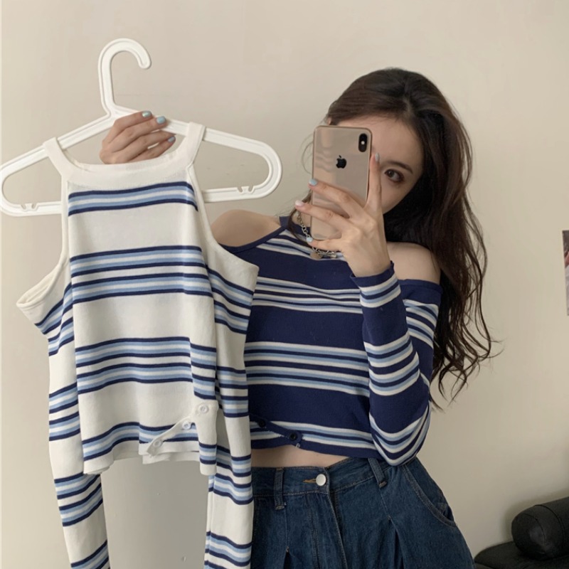 网红长袖t恤女早秋季设计感小众别致条纹露肩针织打底衫上衣ins潮