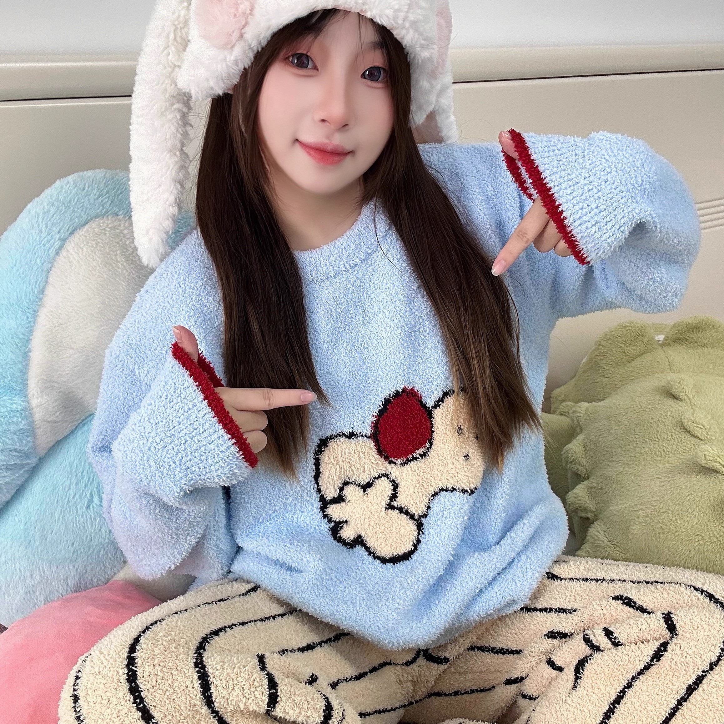 半边绒睡衣女2025秋冬季可爱卡通新款加绒加厚毛绒保暖家居服套装