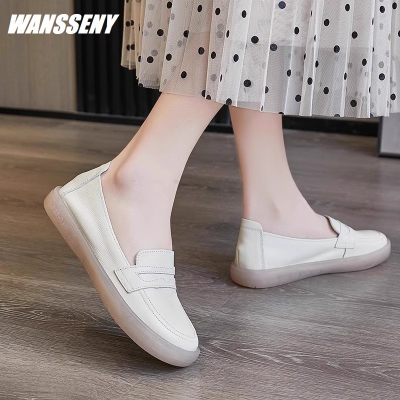 WANSSENY2025年软底软面小白鞋女百搭舒适妈妈鞋真皮浅口乐福鞋女