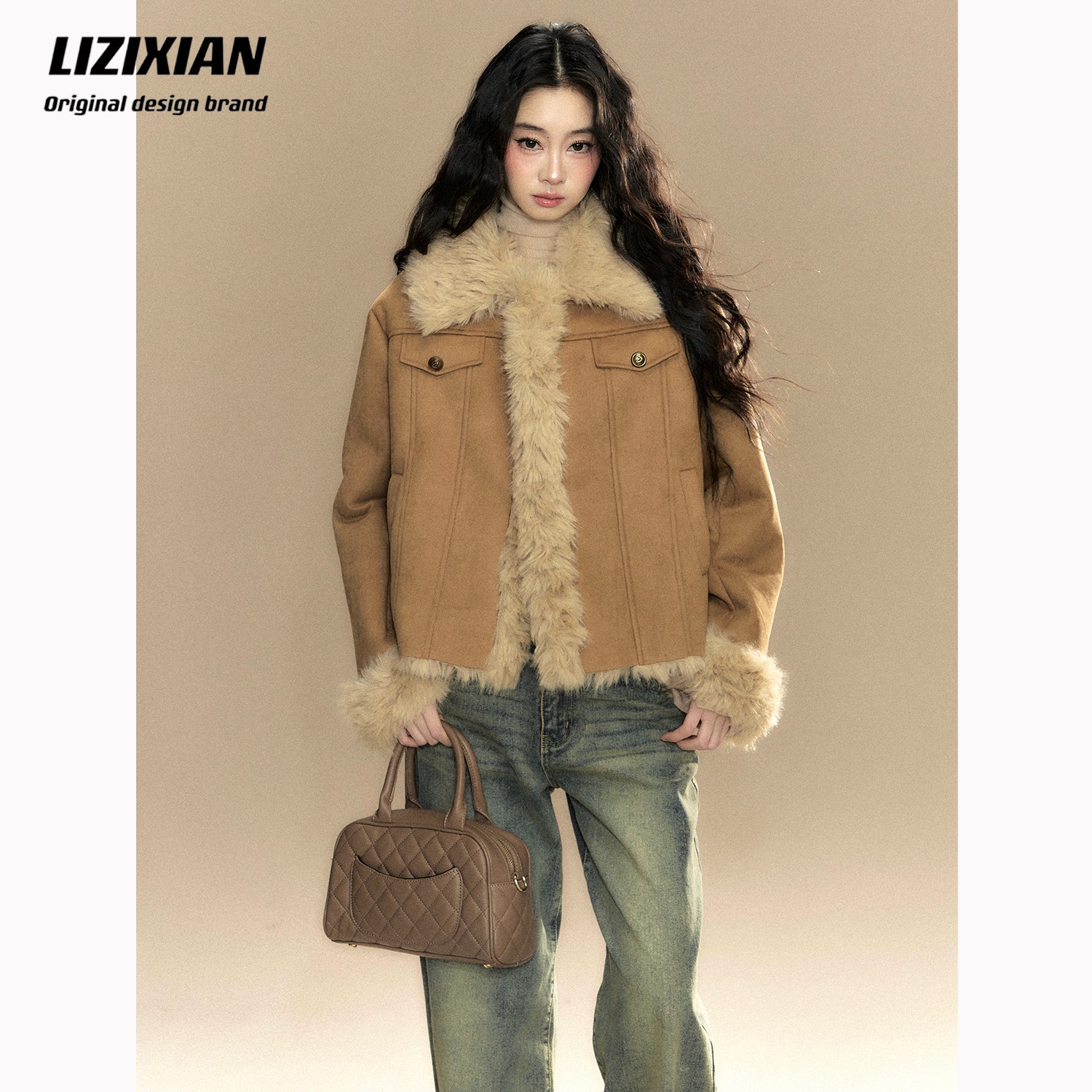 李梓仙焦糖云朵毛毛麂皮绒皮毛一体外套女2025新款小个子冬季加厚