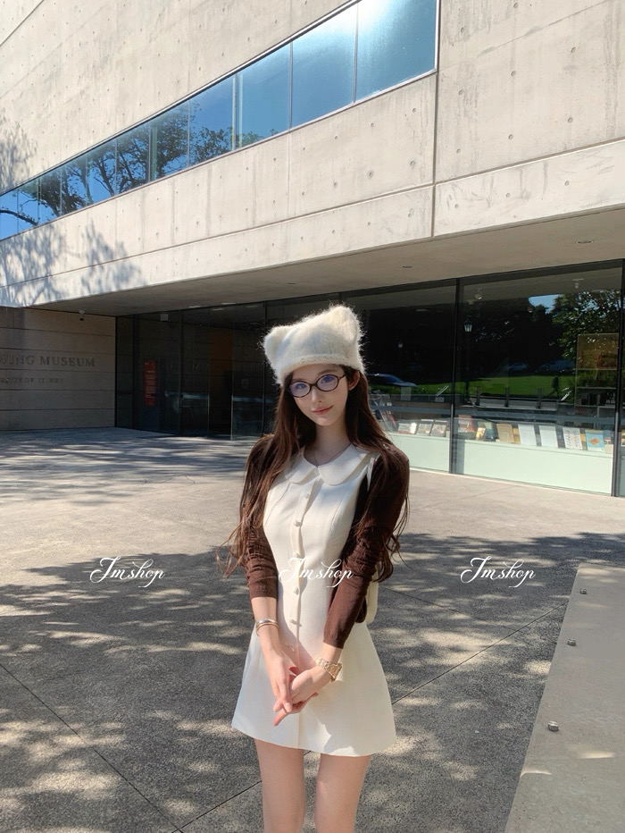 韩系温柔风气质短款针织开衫上衣女秋季新款显瘦无袖连衣裙两件套