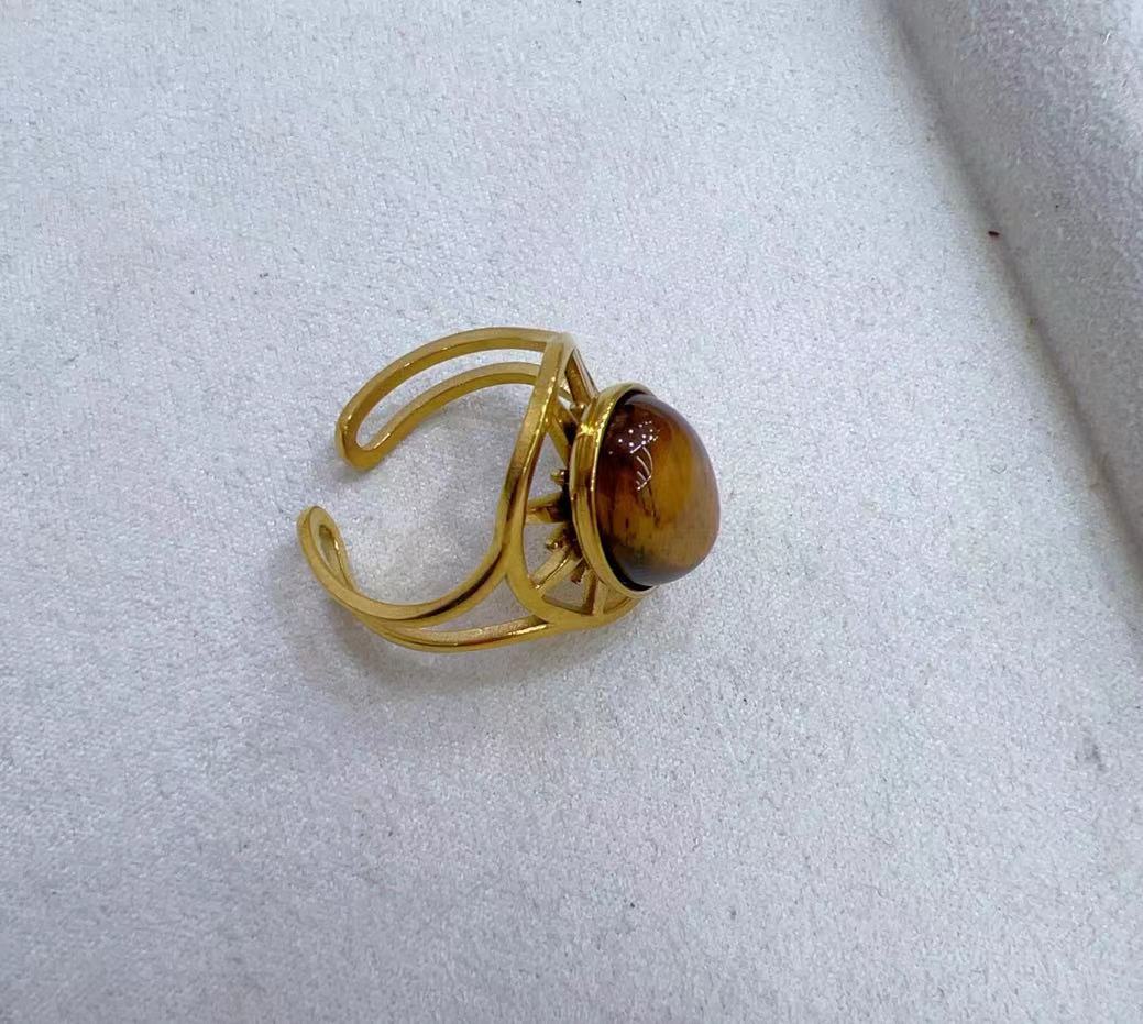 黄铜树脂戒指 天然虎眼石咖啡色女款戒指00060明星同款饰品
