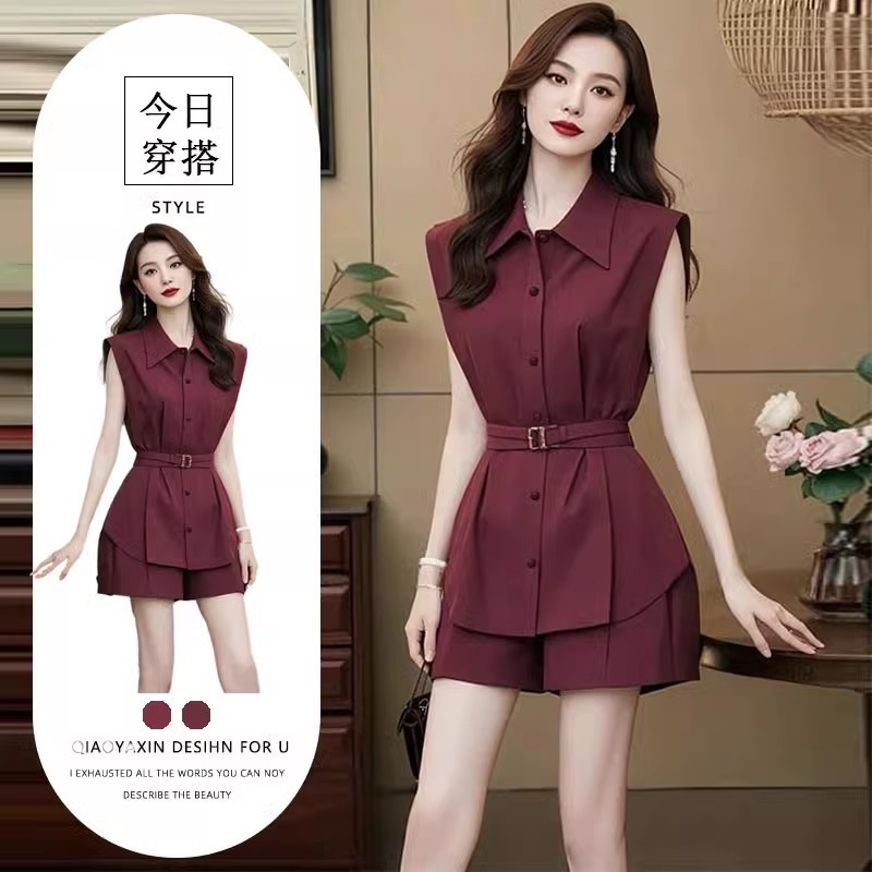 2025夏季新款小个子洋气漂亮时尚炸街减龄风酒红色两件套裤女