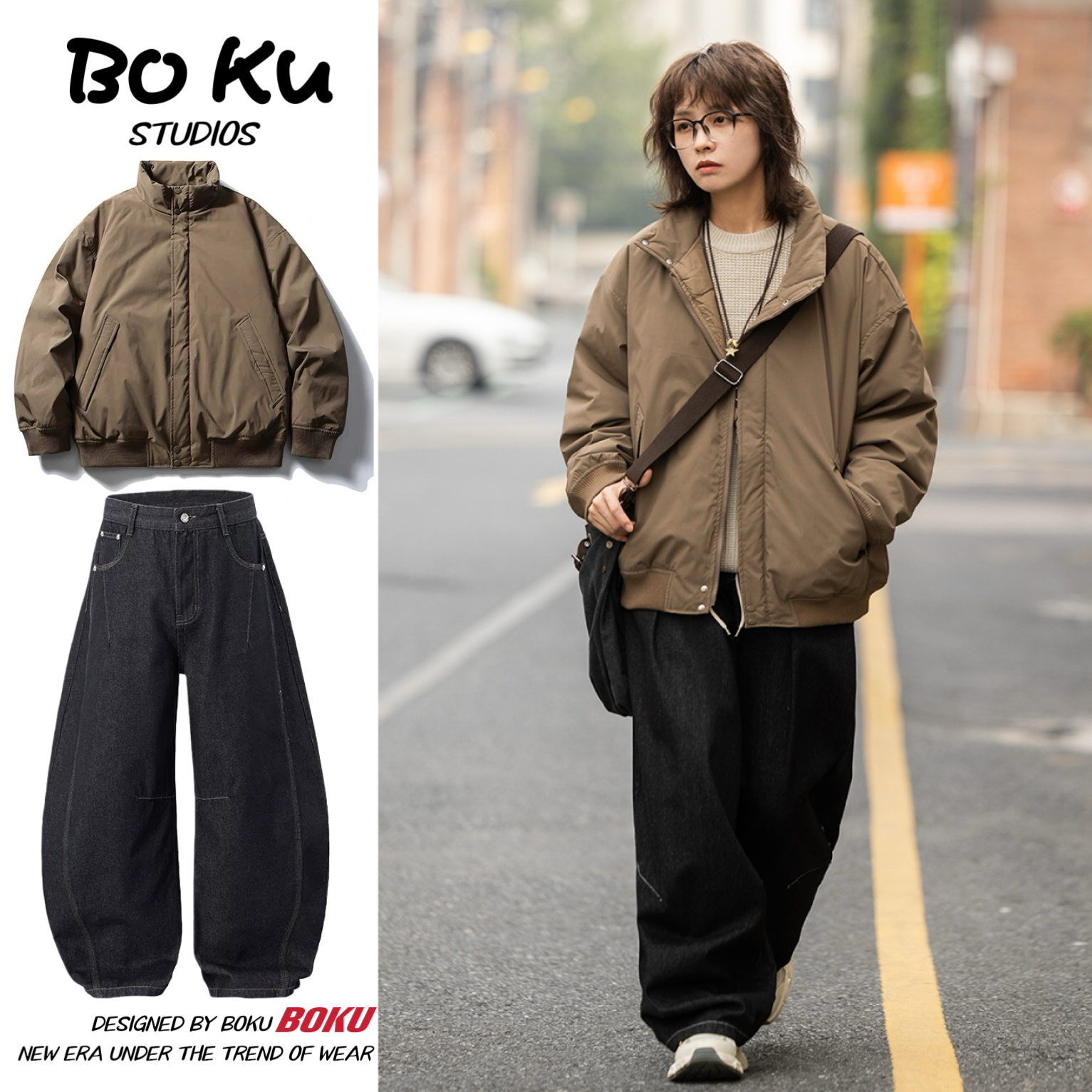 @BOKU两件装/冬季加厚保暖棉衣夹克男女立领冬纯色面包服休闲外套