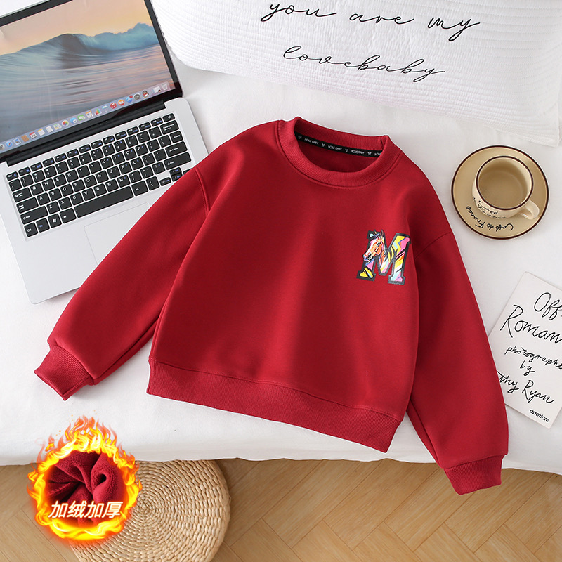 新年休闲卡通风秋冬中大童加绒卫衣红色冬季拜年服男童