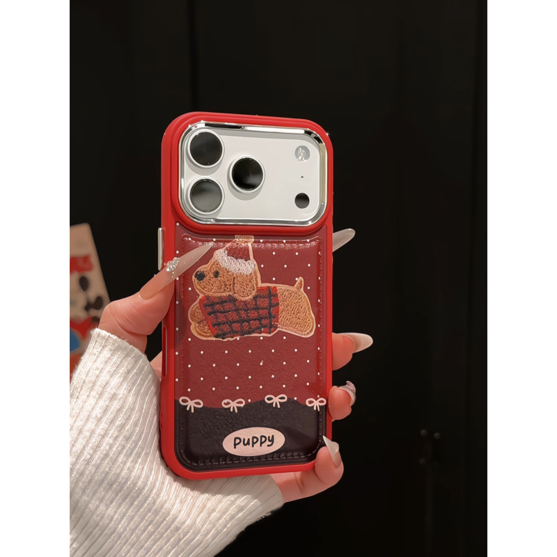 红帽子小狗适用苹果17pro手机壳16PM电镀皮纹小众华为p70女小米15