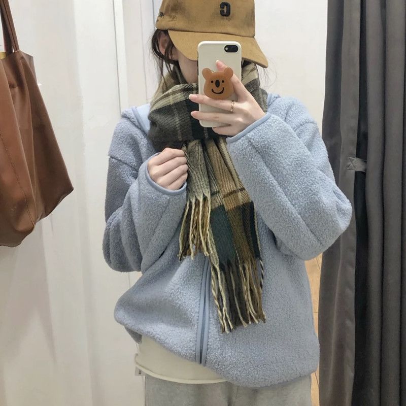 2025秋冬保暖宽松上衣羊羔毛摇粒绒连帽拉链长袖卫衣外套女小个子