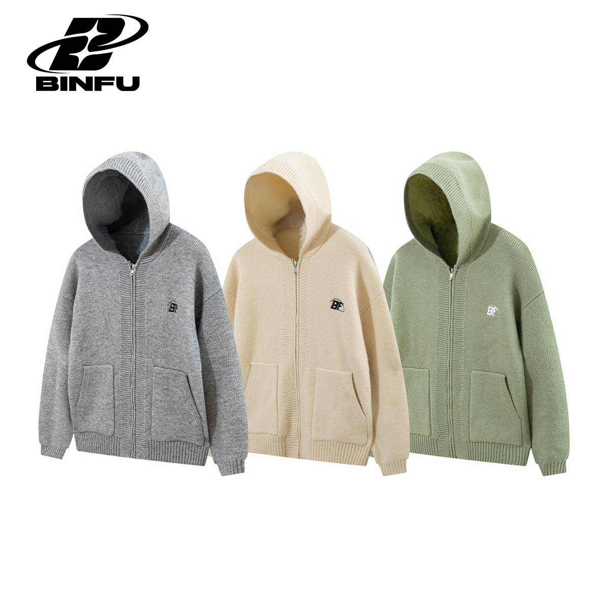 MADE BINFU自制 秋冬高级加绒加厚宽松男女同款开衫连帽毛衣外套