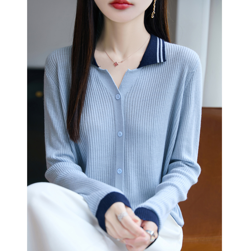 秋冬新款羊毛混纺打底衫女士针织毛衣polo领宽松休闲显瘦时尚款