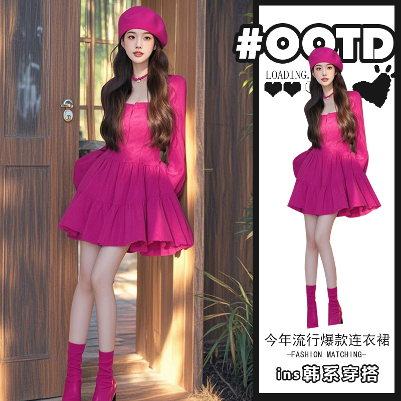 2025年新款法式洋气方领长袖连衣裙女小个子气质收腰减龄A字裙潮