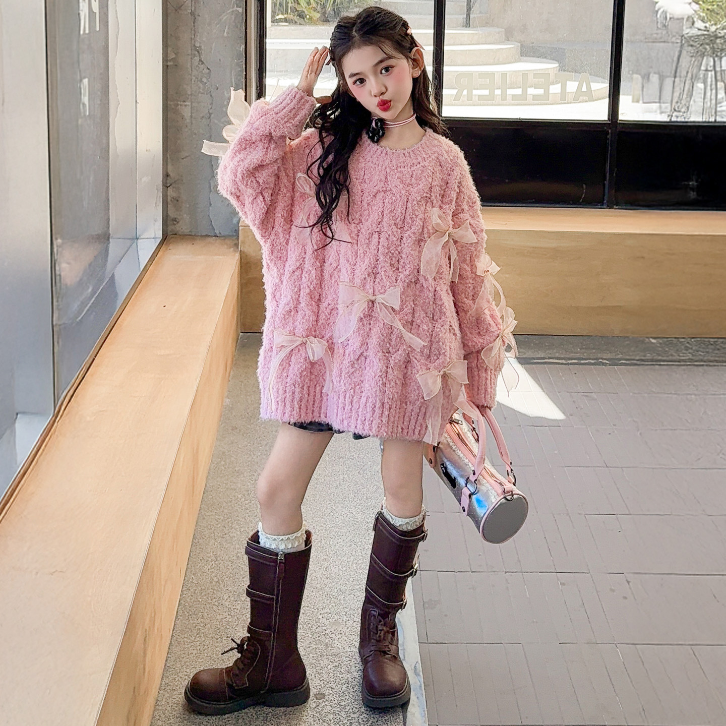 女童设计感甜美蝴蝶结毛衣2025儿童秋冬装温柔风加厚慵懒风针织衫