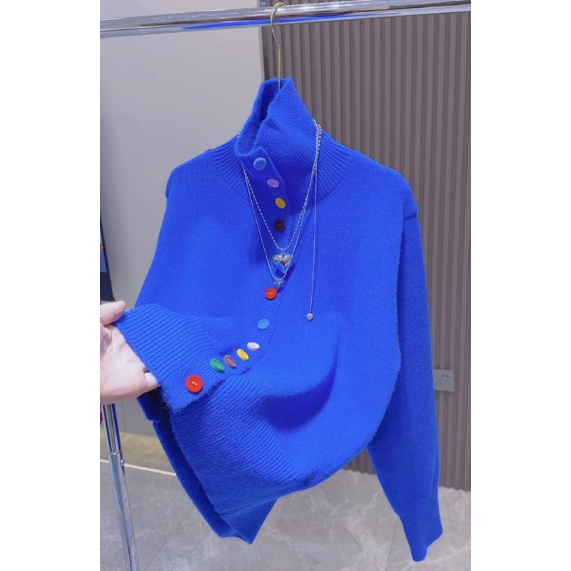 设计感彩色纽扣高领毛衣外套女冬季小众别致针织开衫上衣洋气时尚