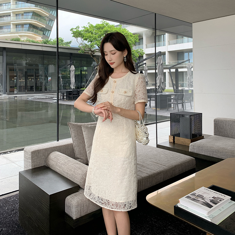 奢姿2025夏季新款大码女装优雅假两件裙子胖妹妹蕾丝镂空连衣裙