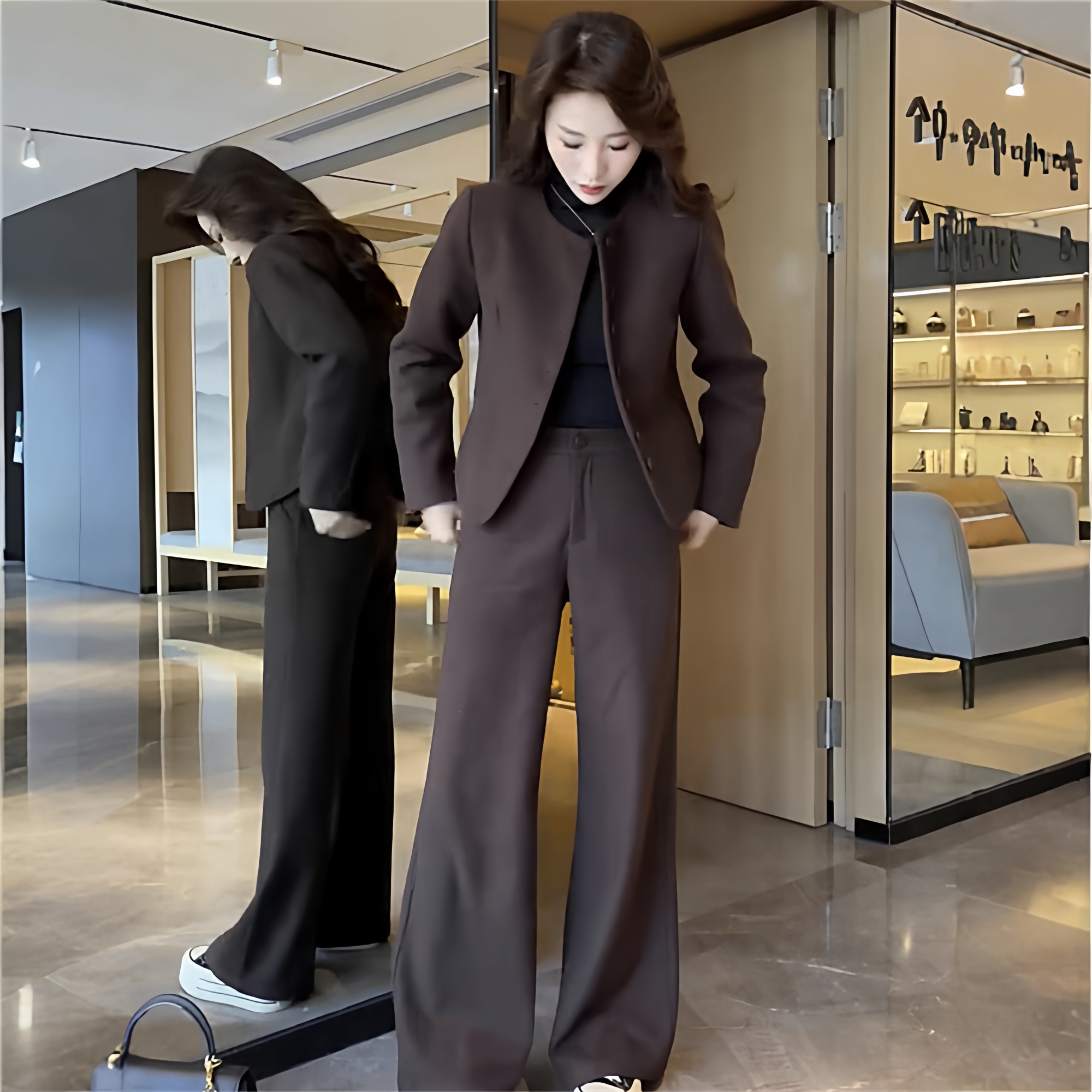 大码女装咖啡色时尚西装套装胖mm秋季新款复古显瘦干练穿搭一整套