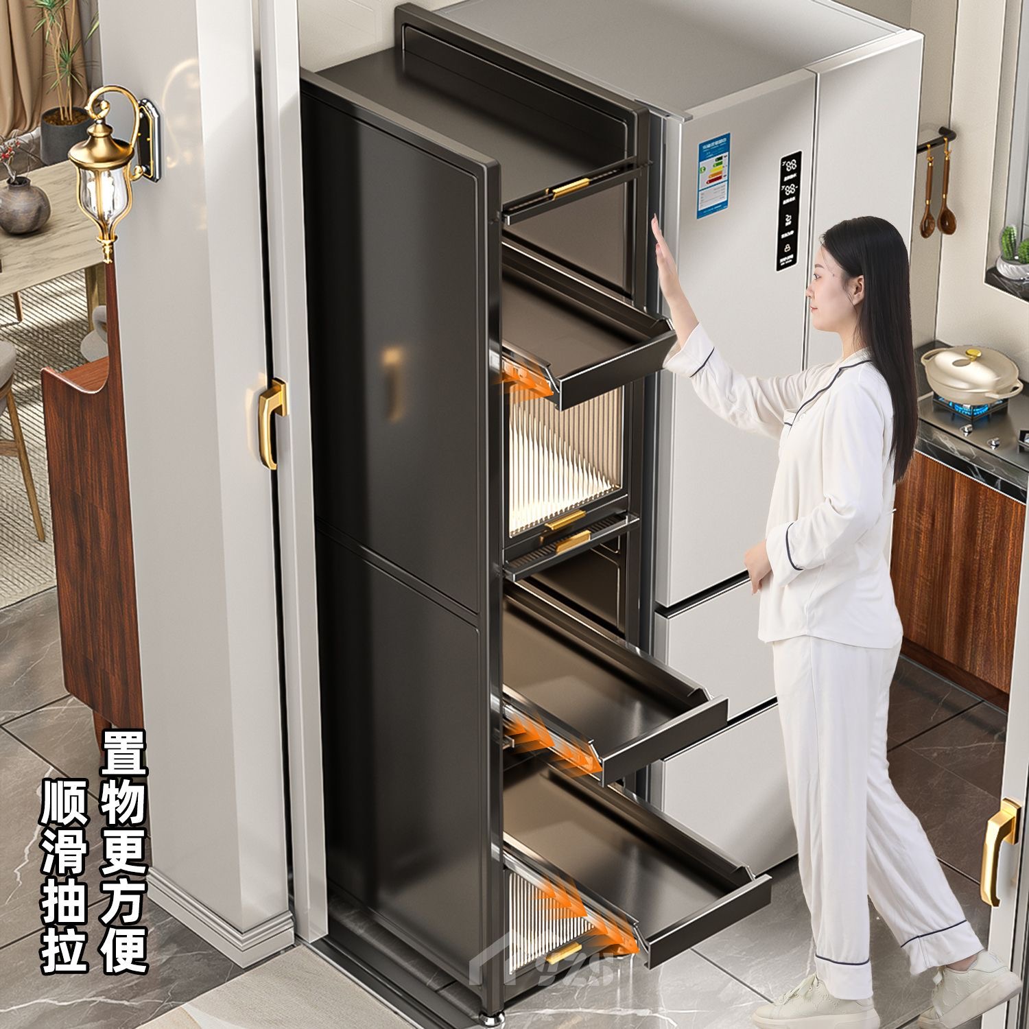 带门厨房抽拉款置物架夹缝柜冰箱侧面落地微波炉多功能加高收纳柜