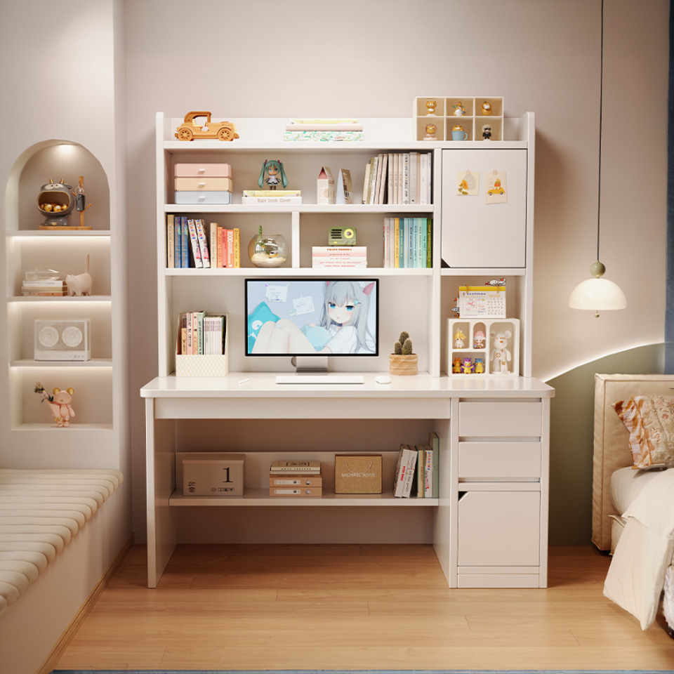 书桌书架一体桌带书柜组合卧室学生学习桌写字桌子家用台式可定制