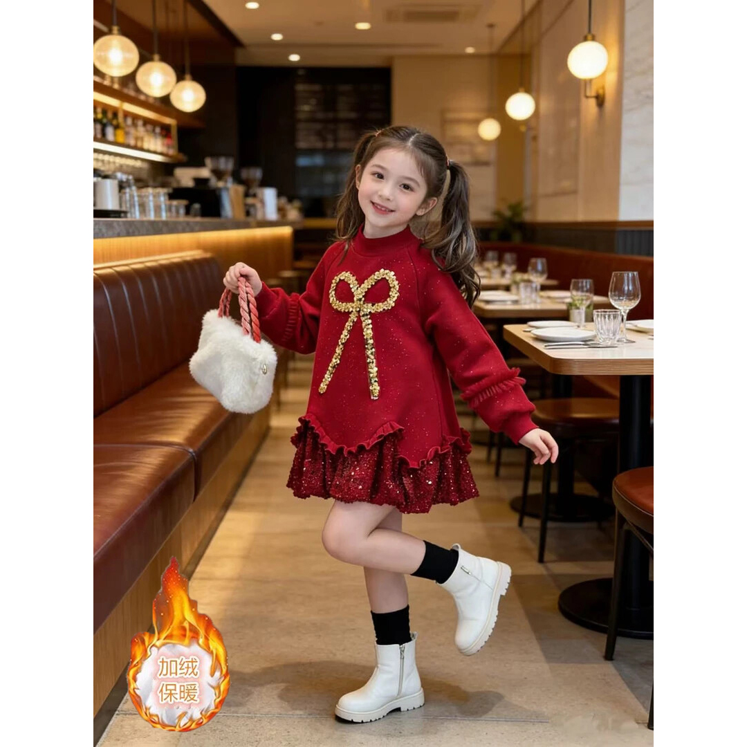 女童冬季秋冬蓬蓬裙女宝宝公主风花苞裙连衣裙加绒保暖喜庆拜年服