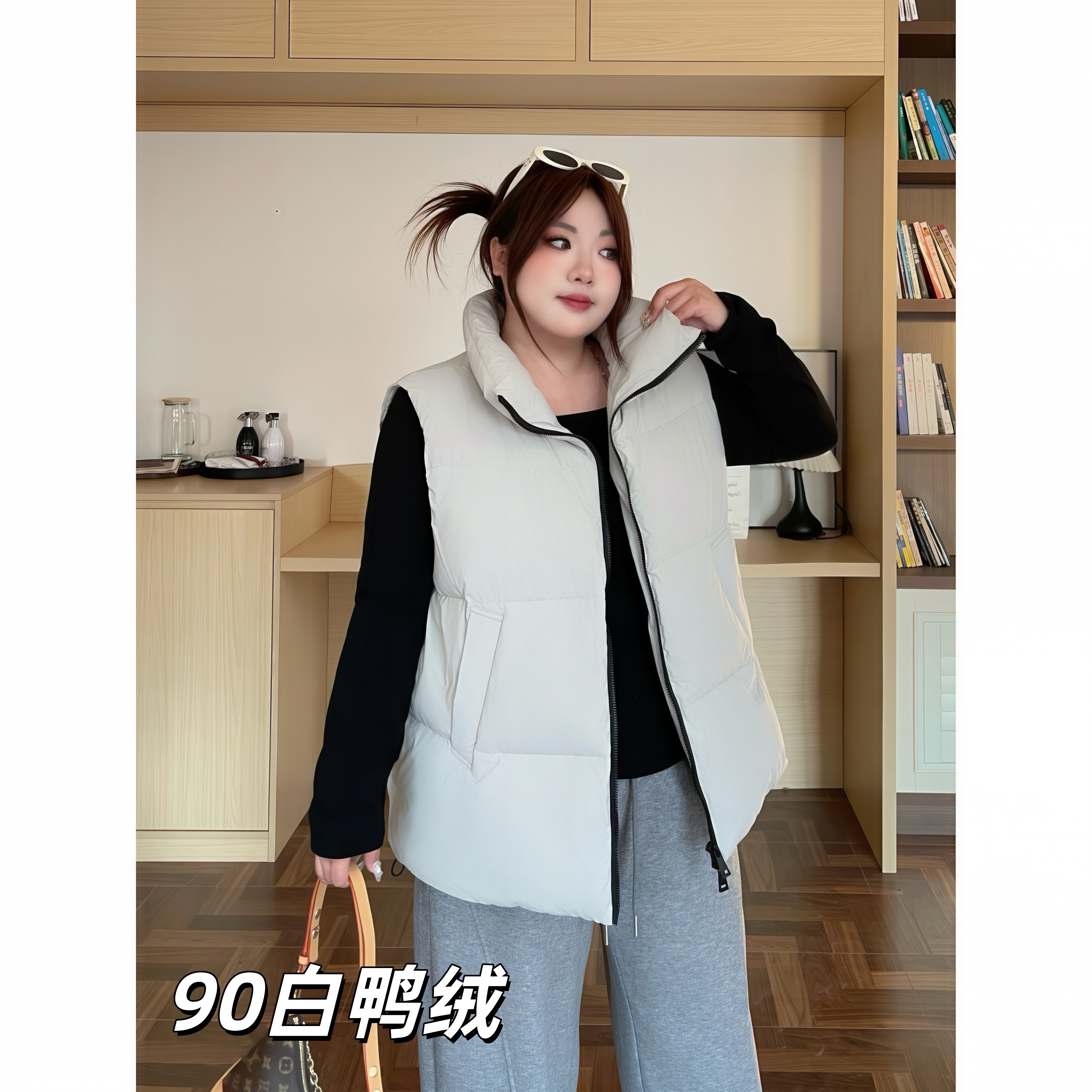 花契“落日晚池”大码女装简约200斤胖mm-90白鸭绒羽绒马甲14161-C