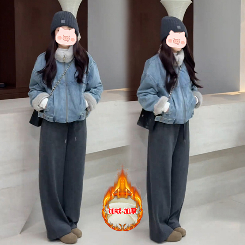 2025年冬季新款穿搭一整套拼接设计上衣牛仔外套搭配加绒休闲裤女