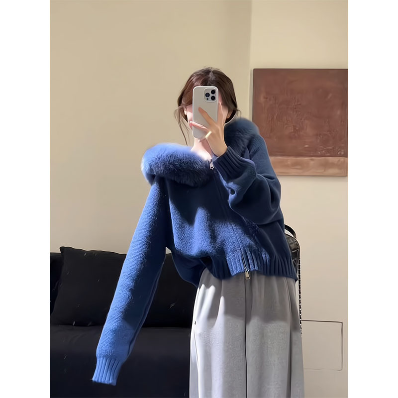 气质大毛领毛衣外套秋冬氛围感时尚小香风针织开衫休闲百搭裤子