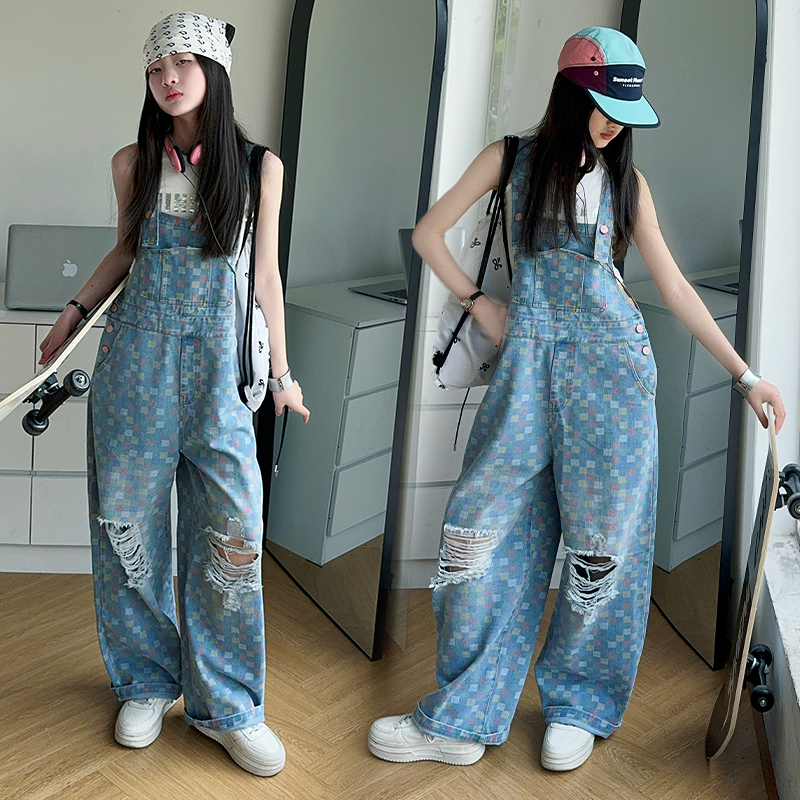 童装女童夏季新款彩格牛仔背带裤套装6-12岁15中大儿童小女孩套装