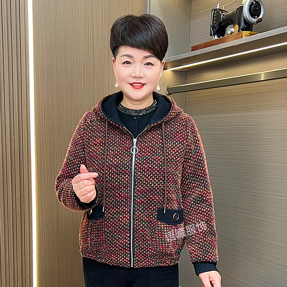 冬季加棉长袖花色拉链连帽中老年女装洋气短款休闲风外套F5603