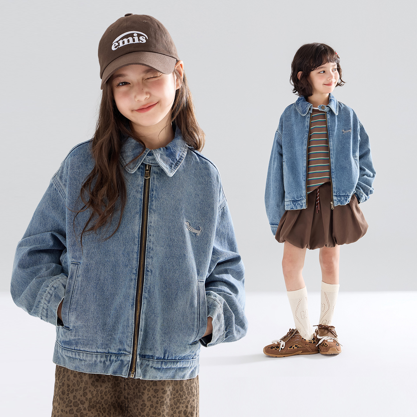 全棉软牛仔腊肠狗绣花夹克外套短款复古百搭女童秋新M53XW5293