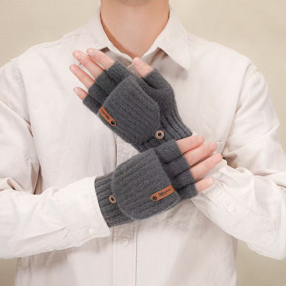 新款手套男女冬天翻盖半指半掌保暖防风时尚通勤写字高中生露指w