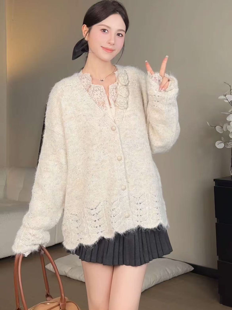 慵懒风立体花朵针织开衫女2025秋冬新款宽松设计感毛衣外套潮