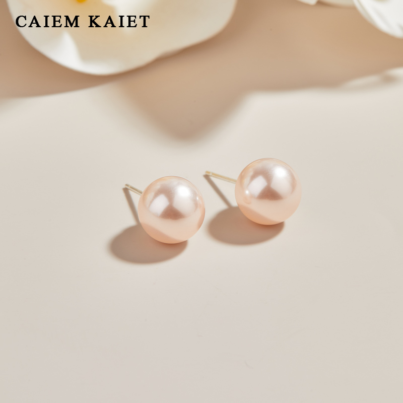 CAIEM KAIET 925银耳饰 樱花粉施家正圆珍珠耳钉女高级感气质耳环