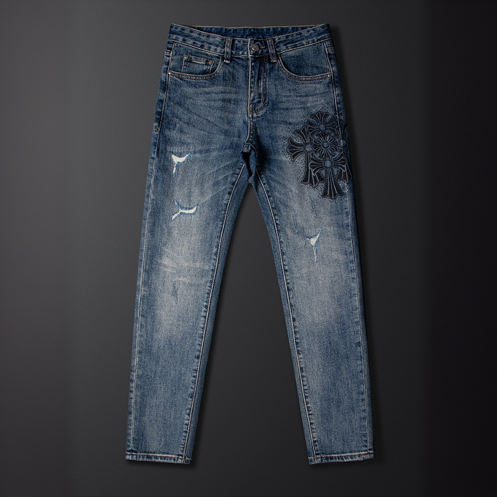 希敦纽勒殴货潮牌个性十字架烫钻修身牛仔裤男士夏季薄款休闲裤子