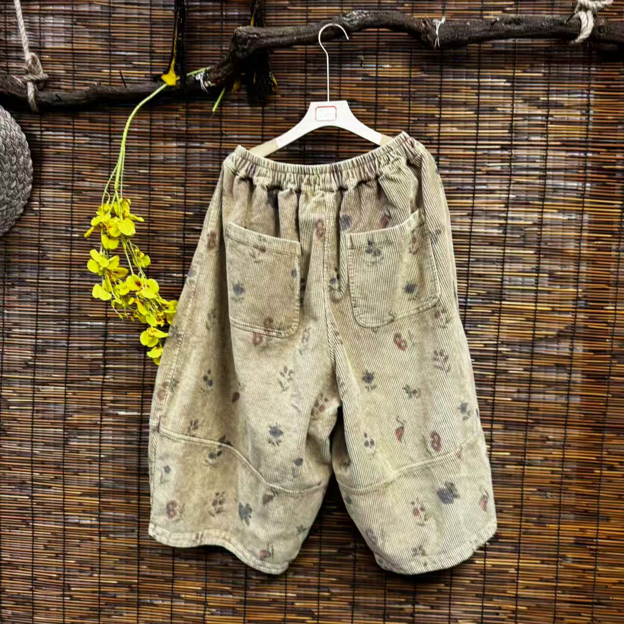 恒蓬莱口袋花纹休闲风直筒阔腿裤休闲裤百搭中裤潮流印花[裤长88]