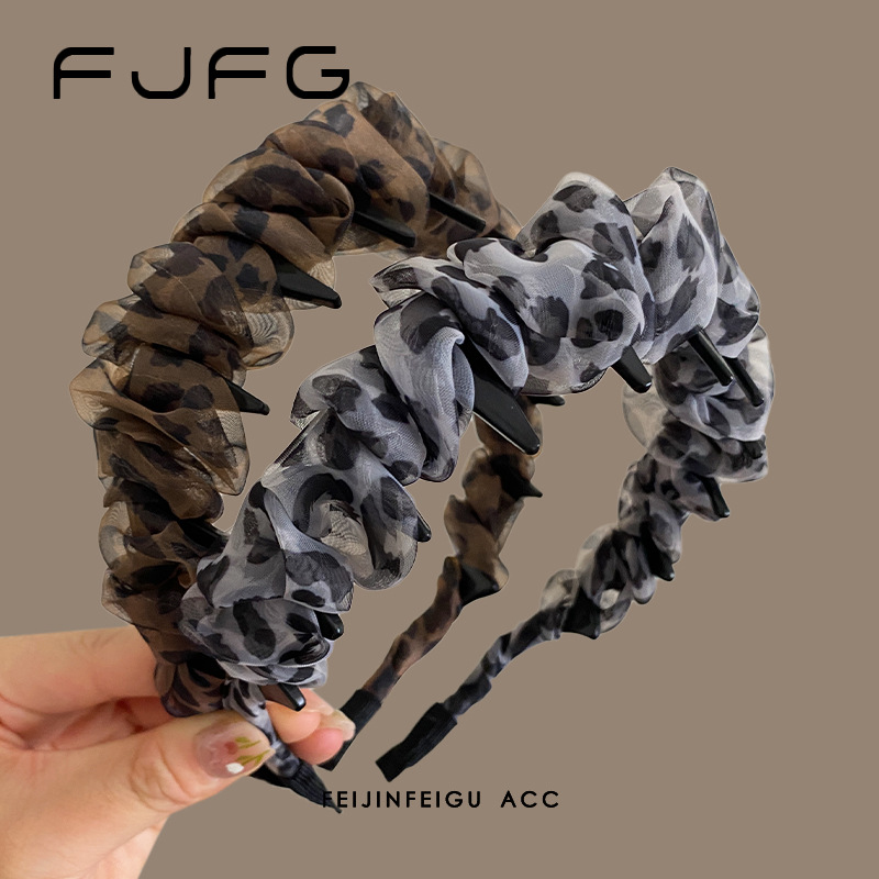 复古豹纹齿梳发箍女新款网纱高颅顶显脸小头箍遮发缝碎发整理发卡