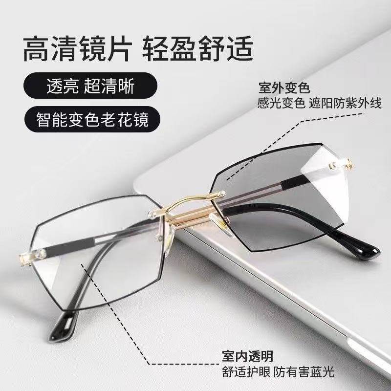 【新疆西藏包邮】金属双梁时尚变色防蓝光眼镜个性无边框
