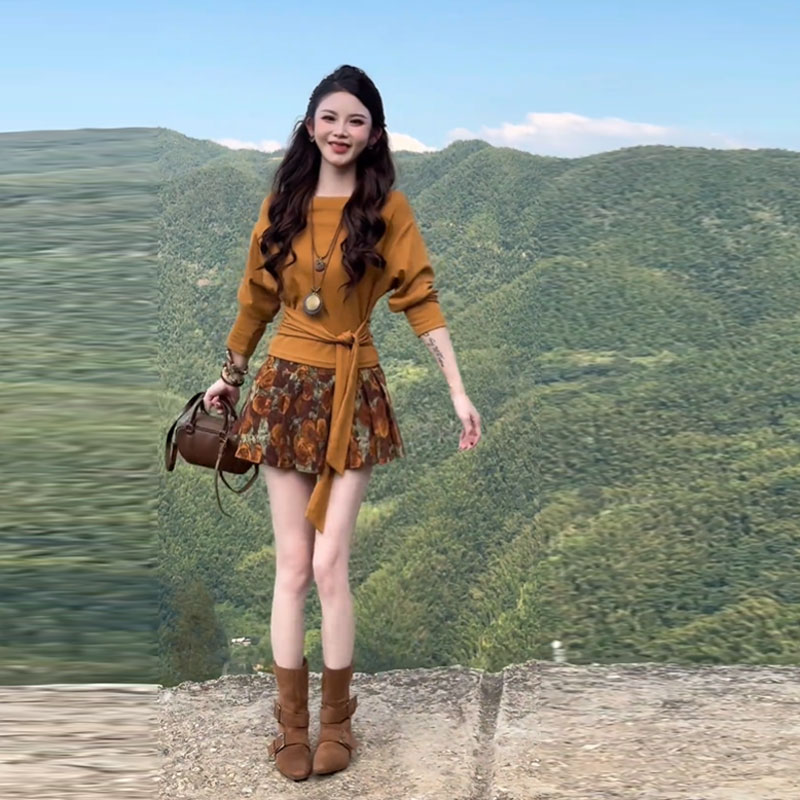 复古独特漂亮一字肩上衣印花半身裙两件套装一整套ootd穿搭25秋季