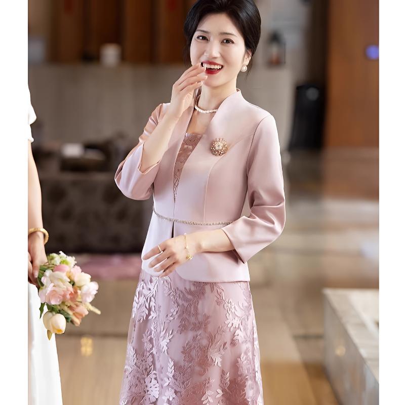 喜妈妈礼服2025新款爆款高贵年轻喜婆婆婚宴装假两件婚庆连衣裙女