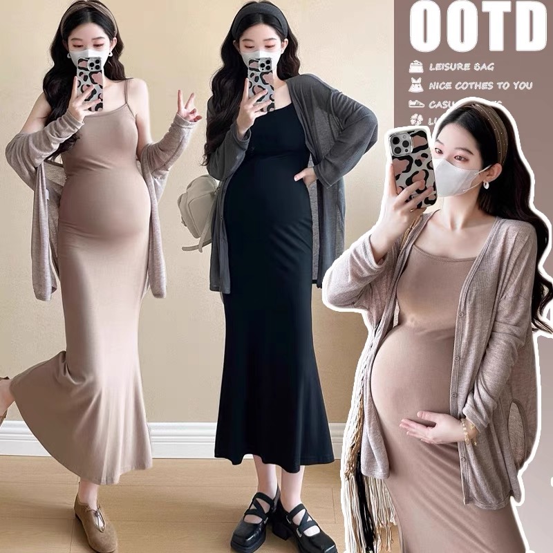 孕妇夏装连衣裙套装2025新款时尚孕期穿搭修身显瘦吊带裙子两件套