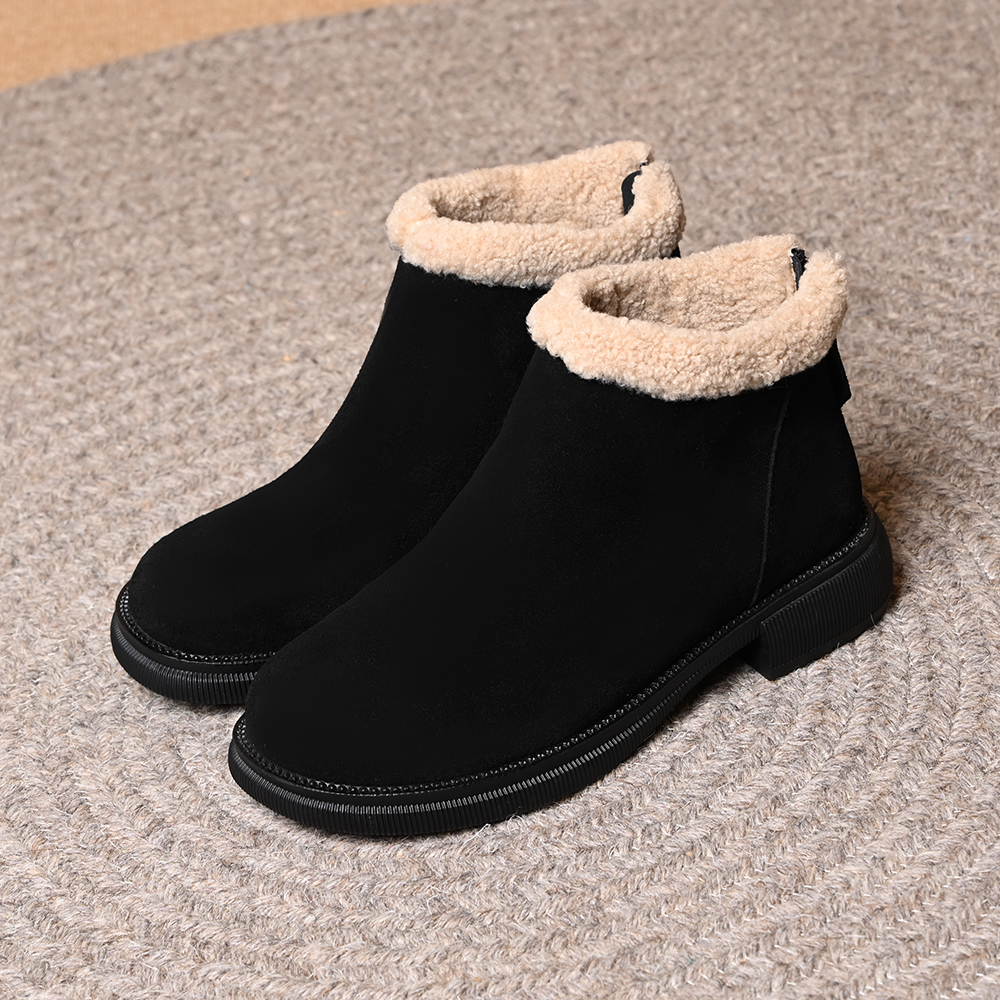 牛翻毛皮圆头加绒保暖毛毛短靴女2025秋冬新款百搭低跟防滑雪地靴