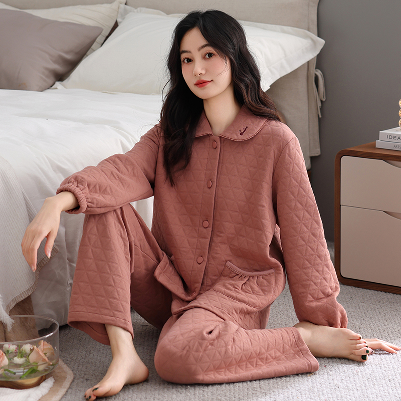 睡衣女春秋款加厚纯棉长袖冬季薄款夹棉中年妈妈秋冬空气棉家居服