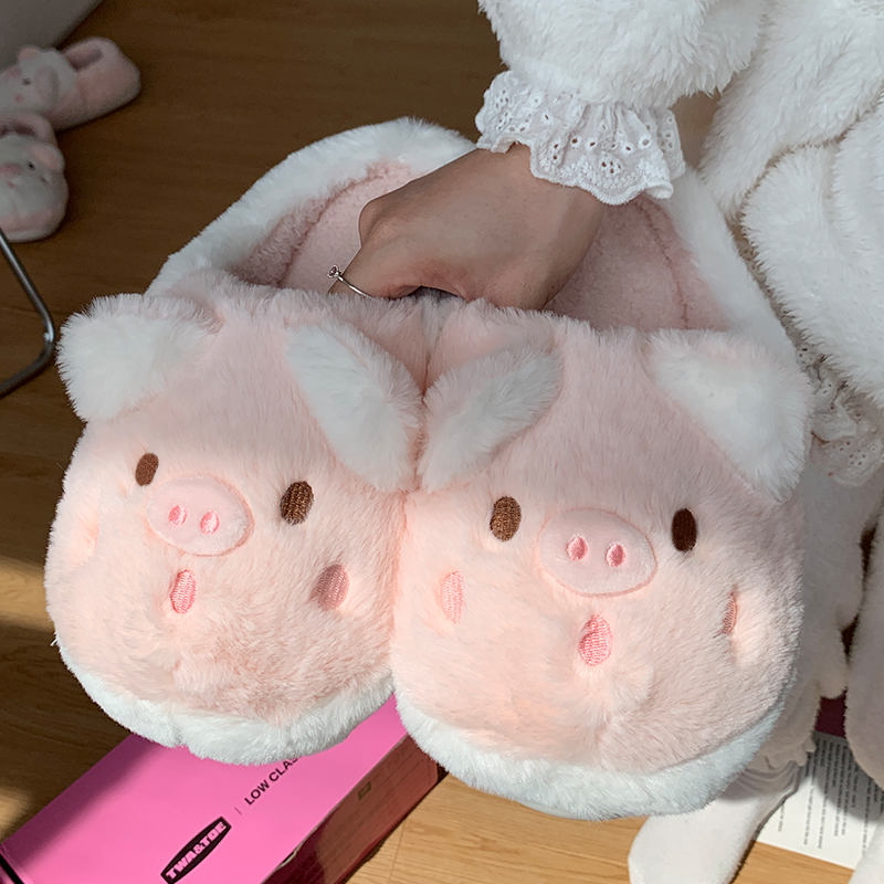 可爱小猪棉拖鞋女秋冬季外穿防滑居家加绒毛毛月子鞋保暖棉鞋秋千