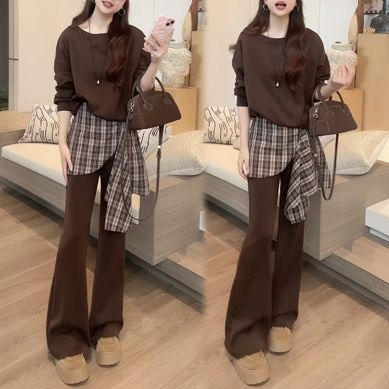 洋气套头宽松斜肩卫衣+拼接格子微喇裤女士2025秋季新款时尚套装